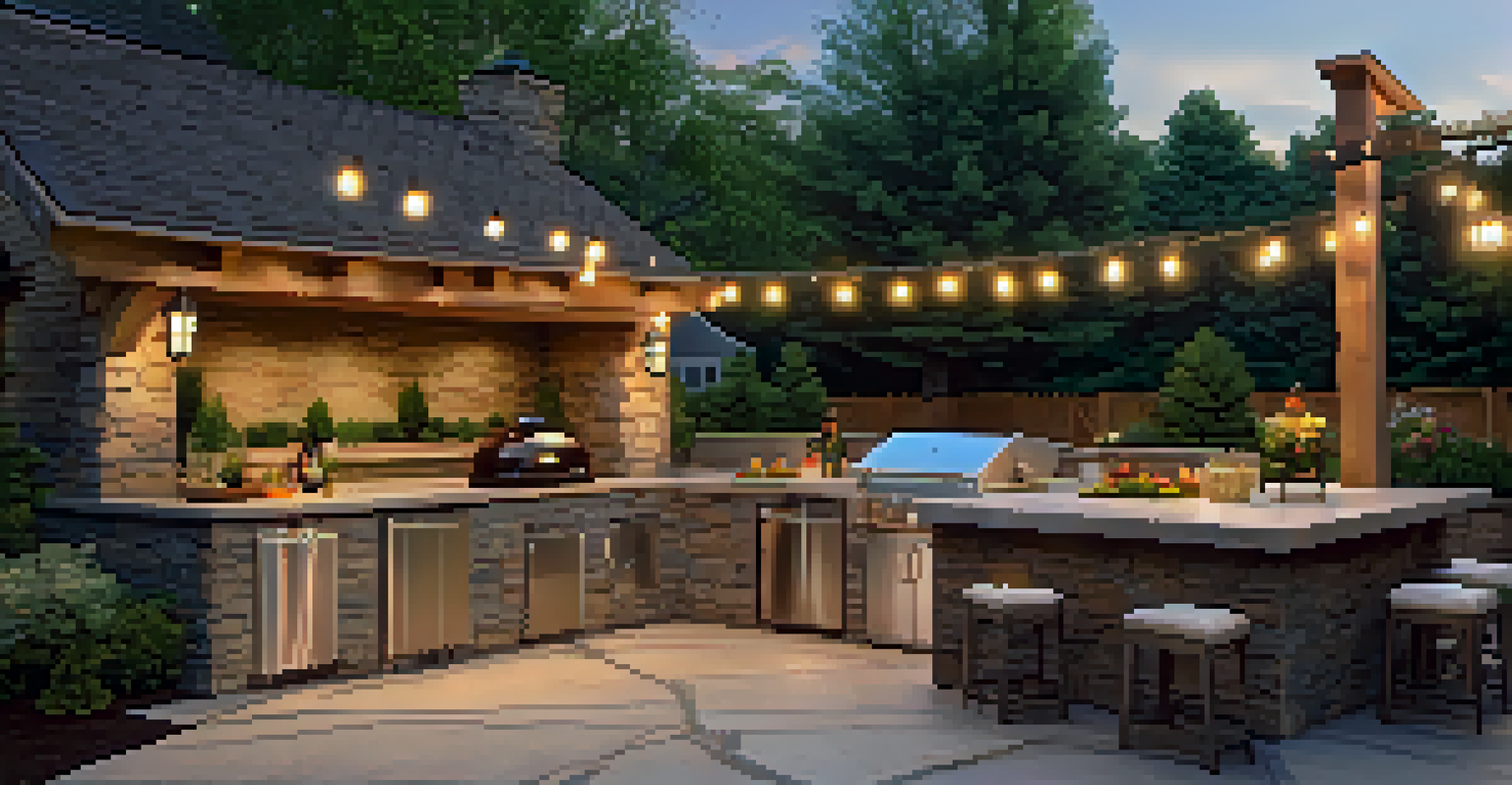 A cozy outdoor kitchen with a stone countertop, built-in refrigerator, fire pit, and comfortable seating, surrounded by greenery and lantern lighting.