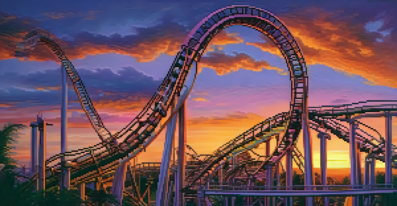 A rollercoaster with riders enjoying the thrill against a colorful sunset sky, representing market volatility.