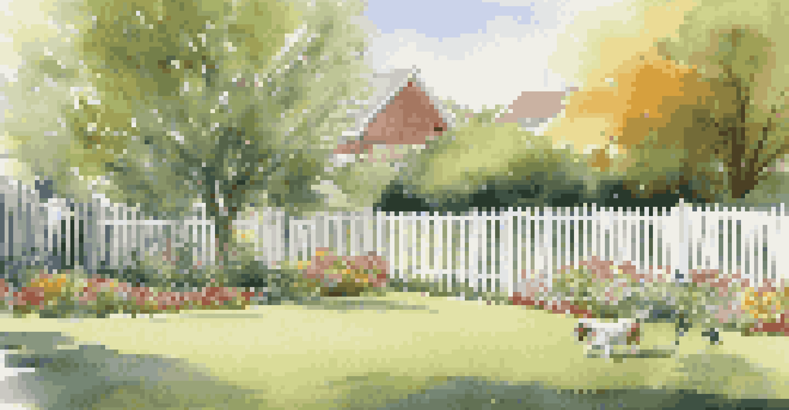 A dog playing in a fenced backyard with flowers and a picnic table.