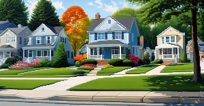 A suburban neighborhood with houses for sale, featuring green lawns and colorful flowers under a clear blue sky.