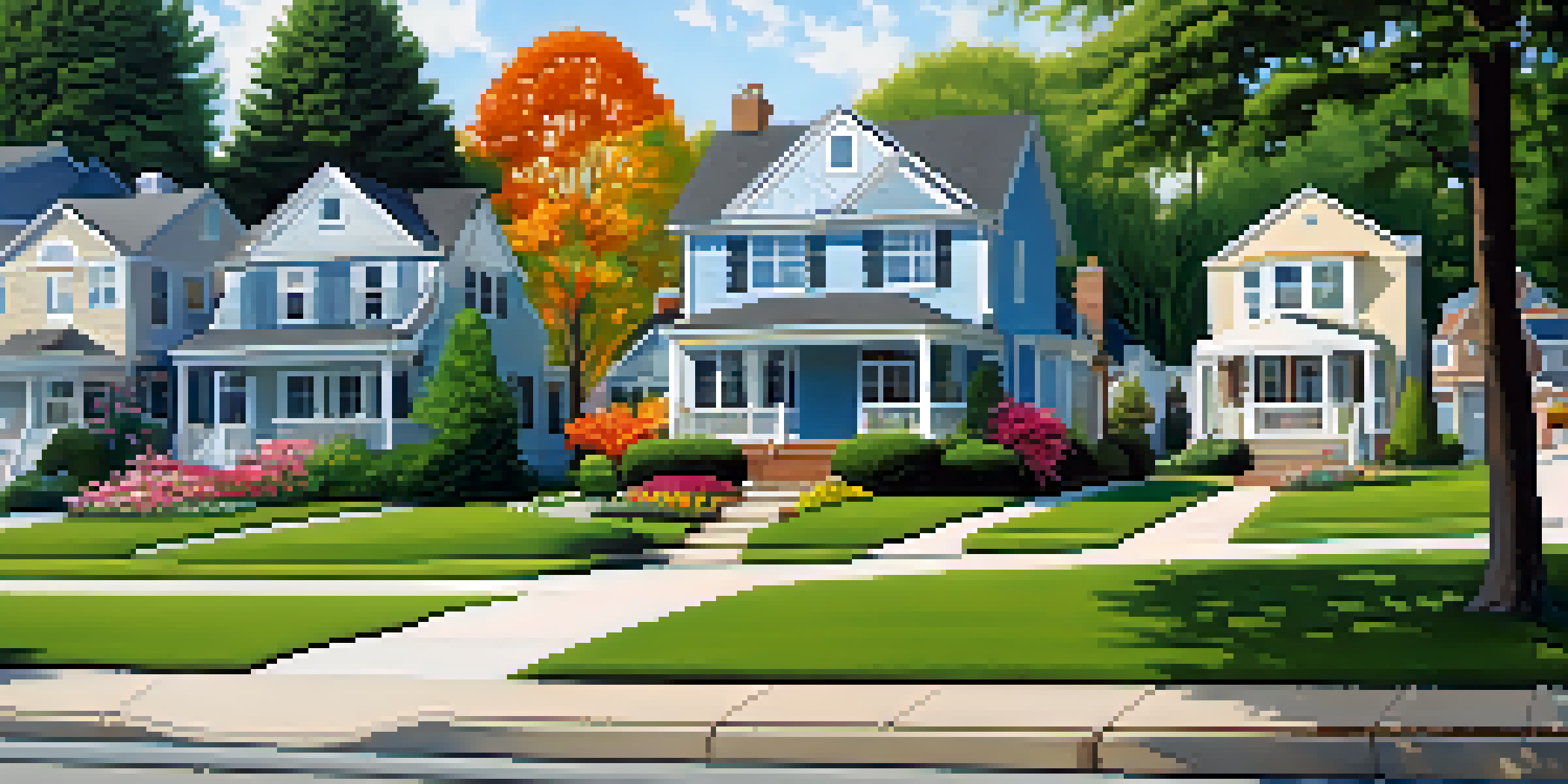 A suburban neighborhood with houses for sale, featuring green lawns and colorful flowers under a clear blue sky.