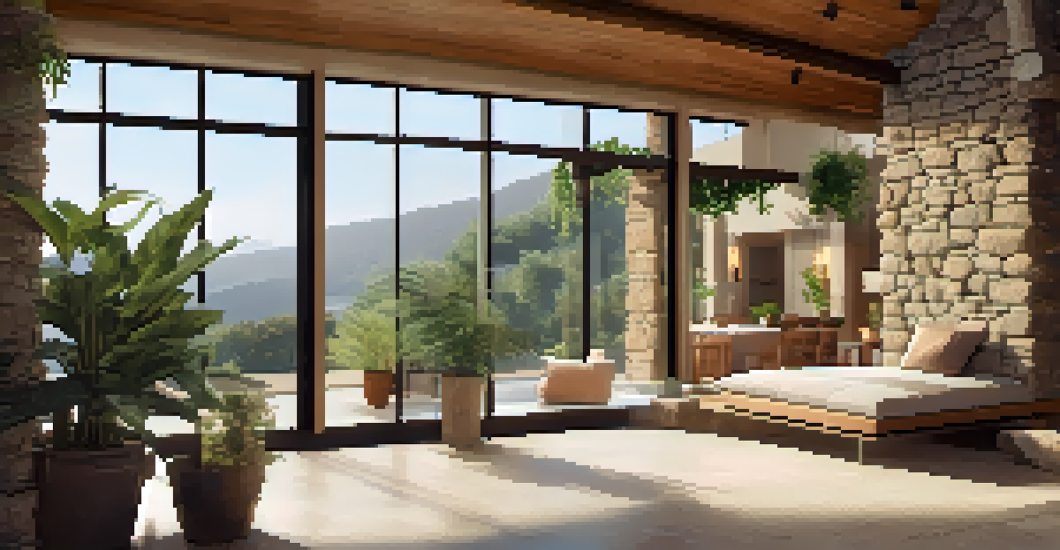 The interior of an earth sheltered home with stone walls, wood beams, and sunlight streaming through windows, featuring indoor plants.