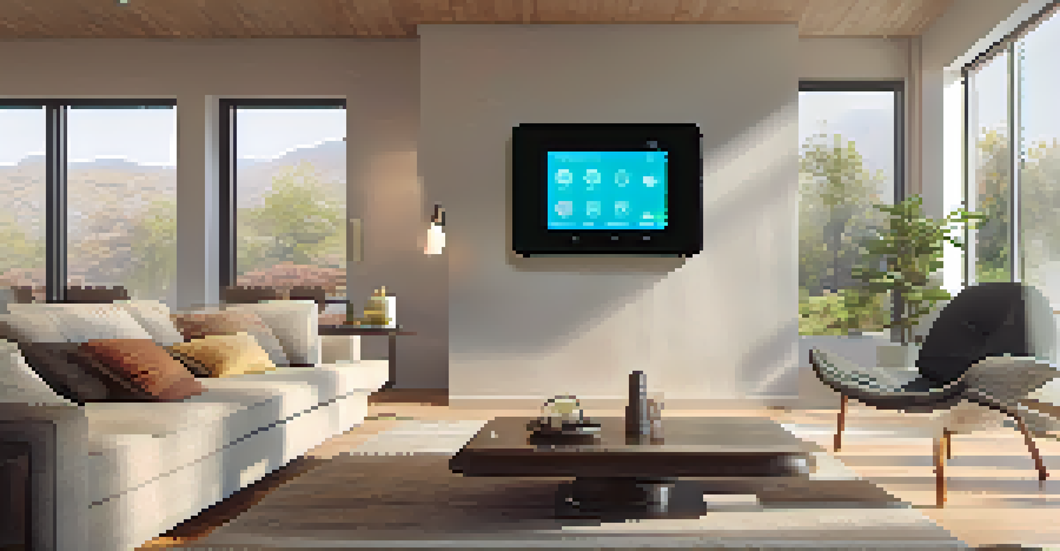 Interior of a smart home living room with modern decor, a thermostat, and natural light coming through large windows.
