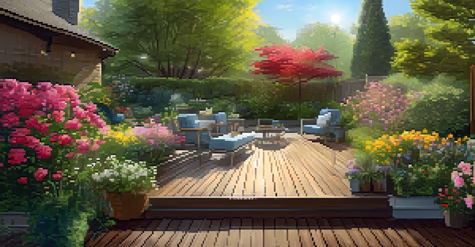 A beautiful backyard garden featuring a wooden deck, comfortable seating, and vibrant flowers, creating a tranquil outdoor space.