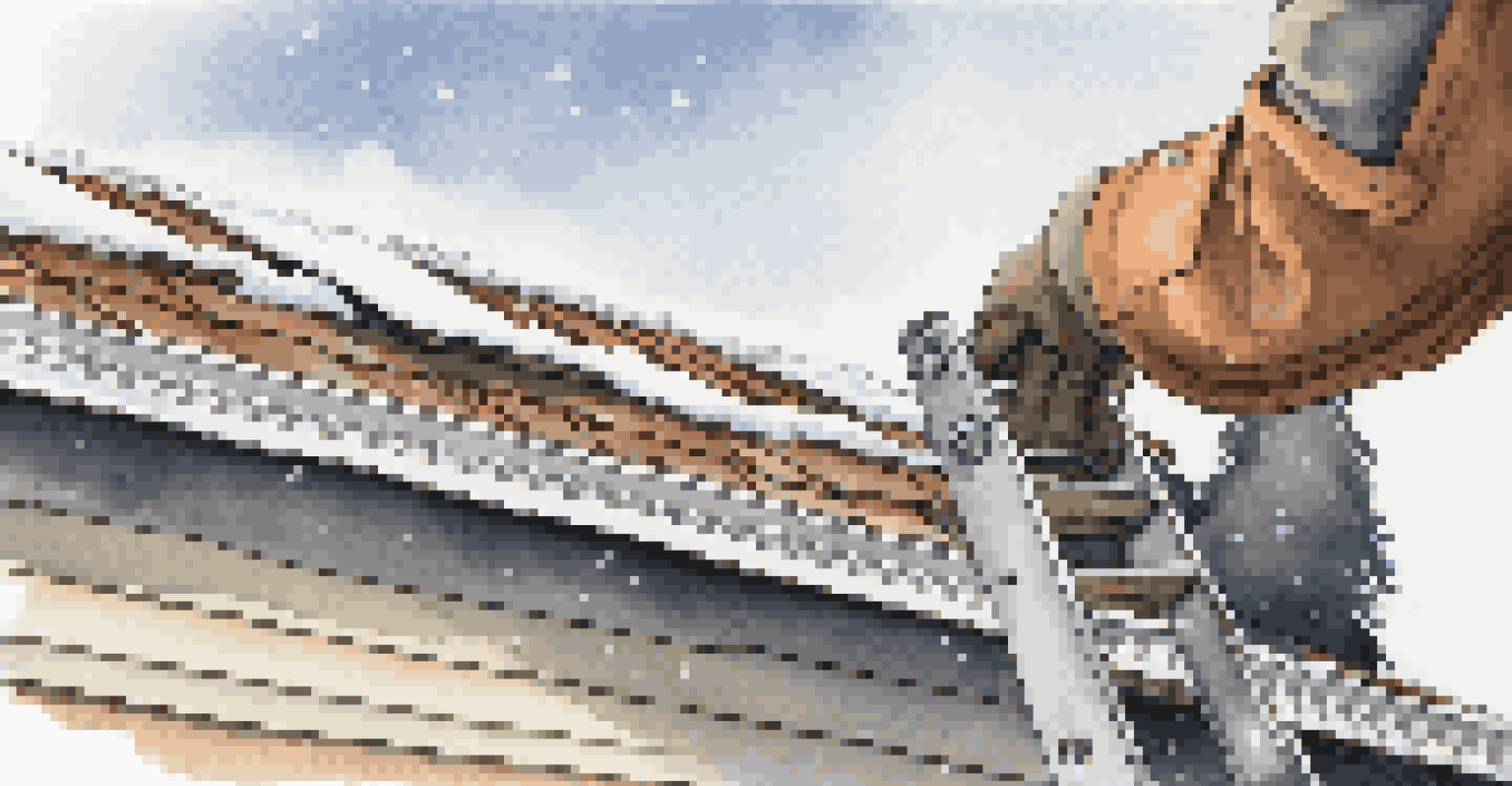 A close-up of a homeowner inspecting a roof for winter maintenance, with snow in the background.