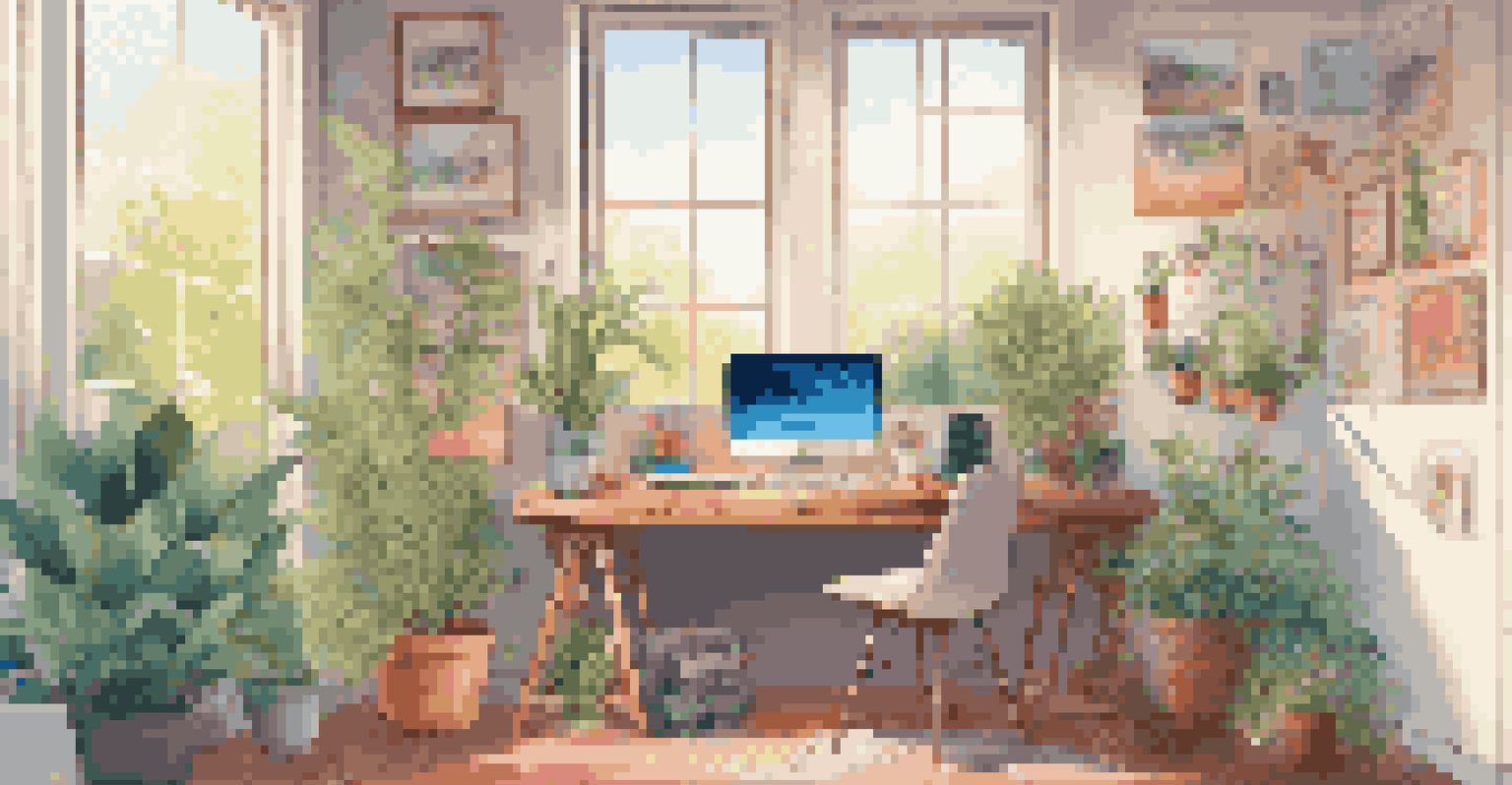 A vibrant home office workspace with a colorful desk setup, nature-themed art, and a view of a garden.