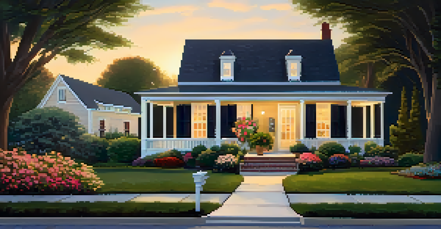 A beautiful suburban home with a virtual tour sign in the garden, illuminated by the warm glow of the setting sun.