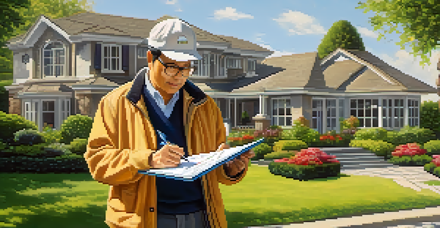 A real estate appraiser measuring a property with a clipboard in a sunny garden setting.