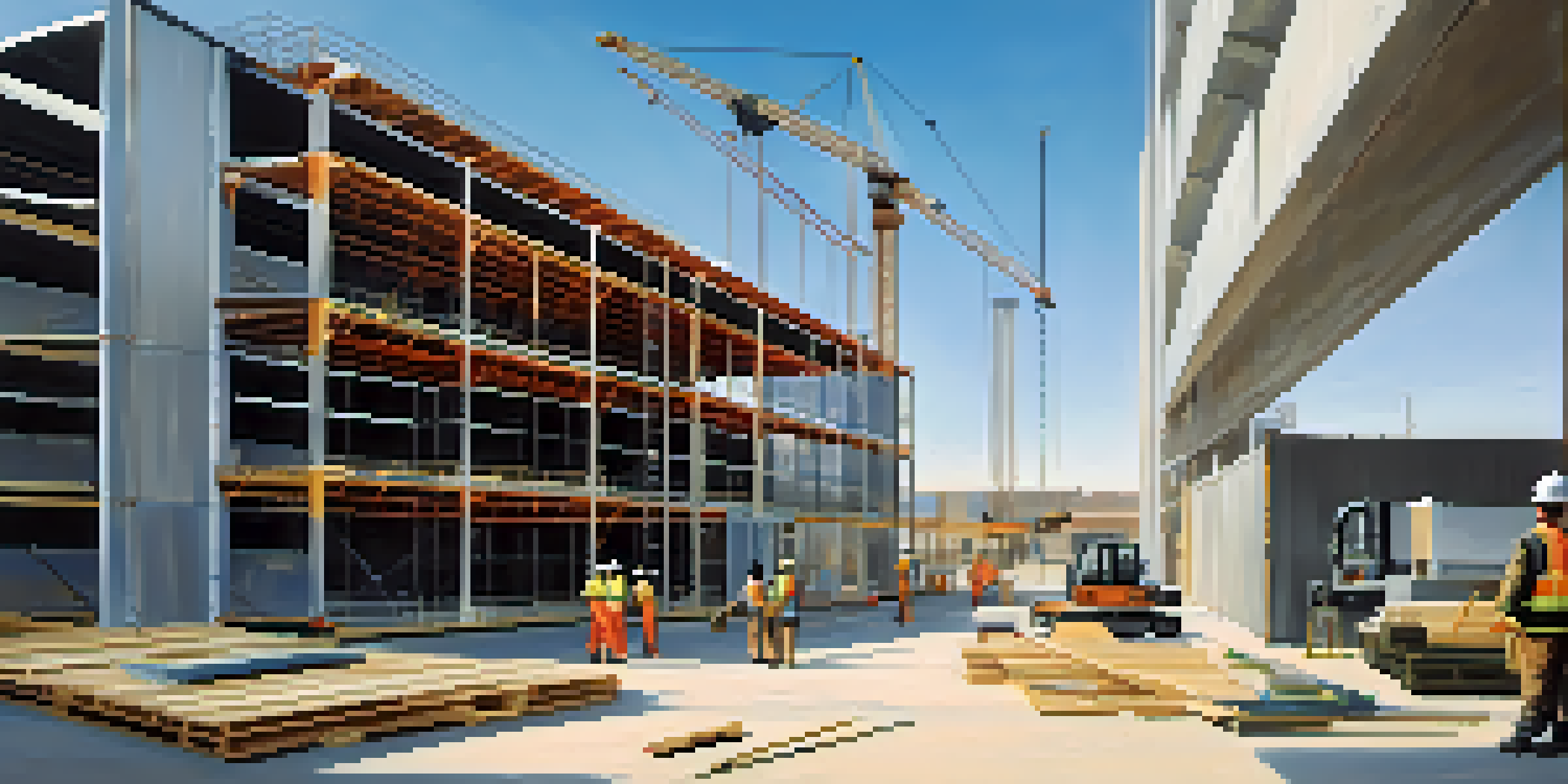 A busy construction site where workers are assembling prefabricated building elements with a crane under a clear blue sky.