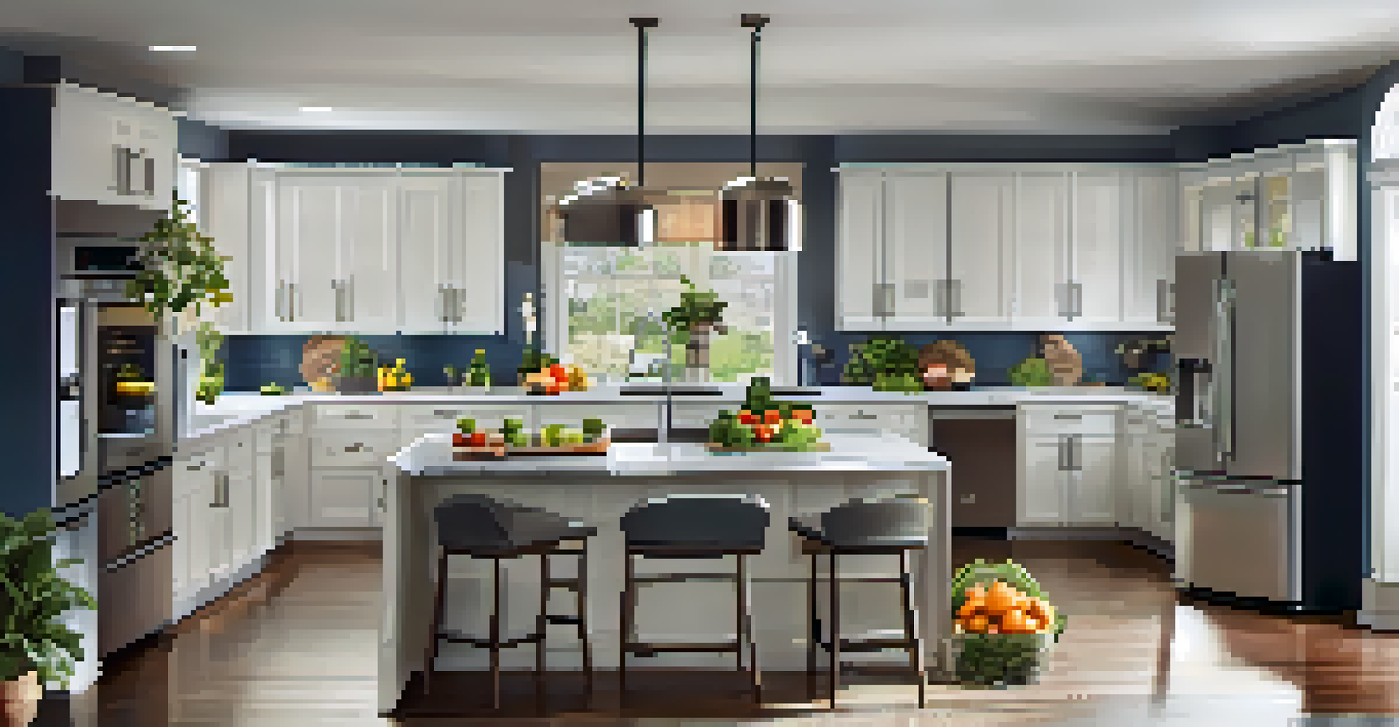 A stylish kitchen with modern appliances, fresh fruits on the countertop, and a home warranty certificate on the refrigerator.