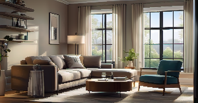A cozy living room with a sofa and coffee table, illuminated by warm smart lighting with a smartphone showing a lighting app.