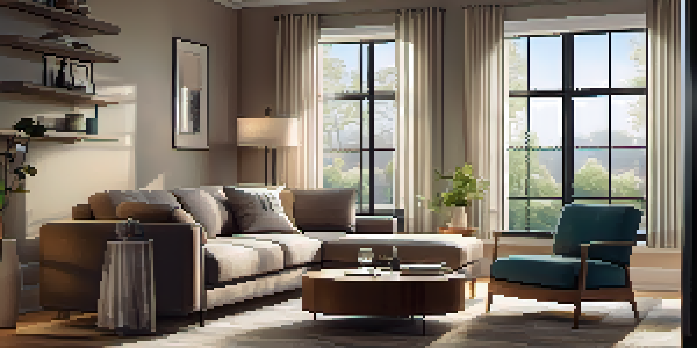 A cozy living room with a sofa and coffee table, illuminated by warm smart lighting with a smartphone showing a lighting app.