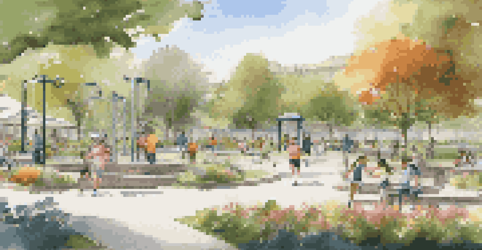 A vibrant community park with smart amenities, people jogging, children playing, and families enjoying picnics.