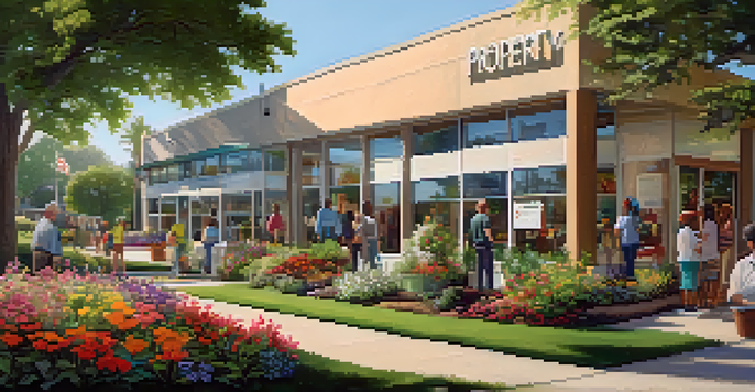A local government office with residents discussing property tax assessments outside, surrounded by flowers and greenery.