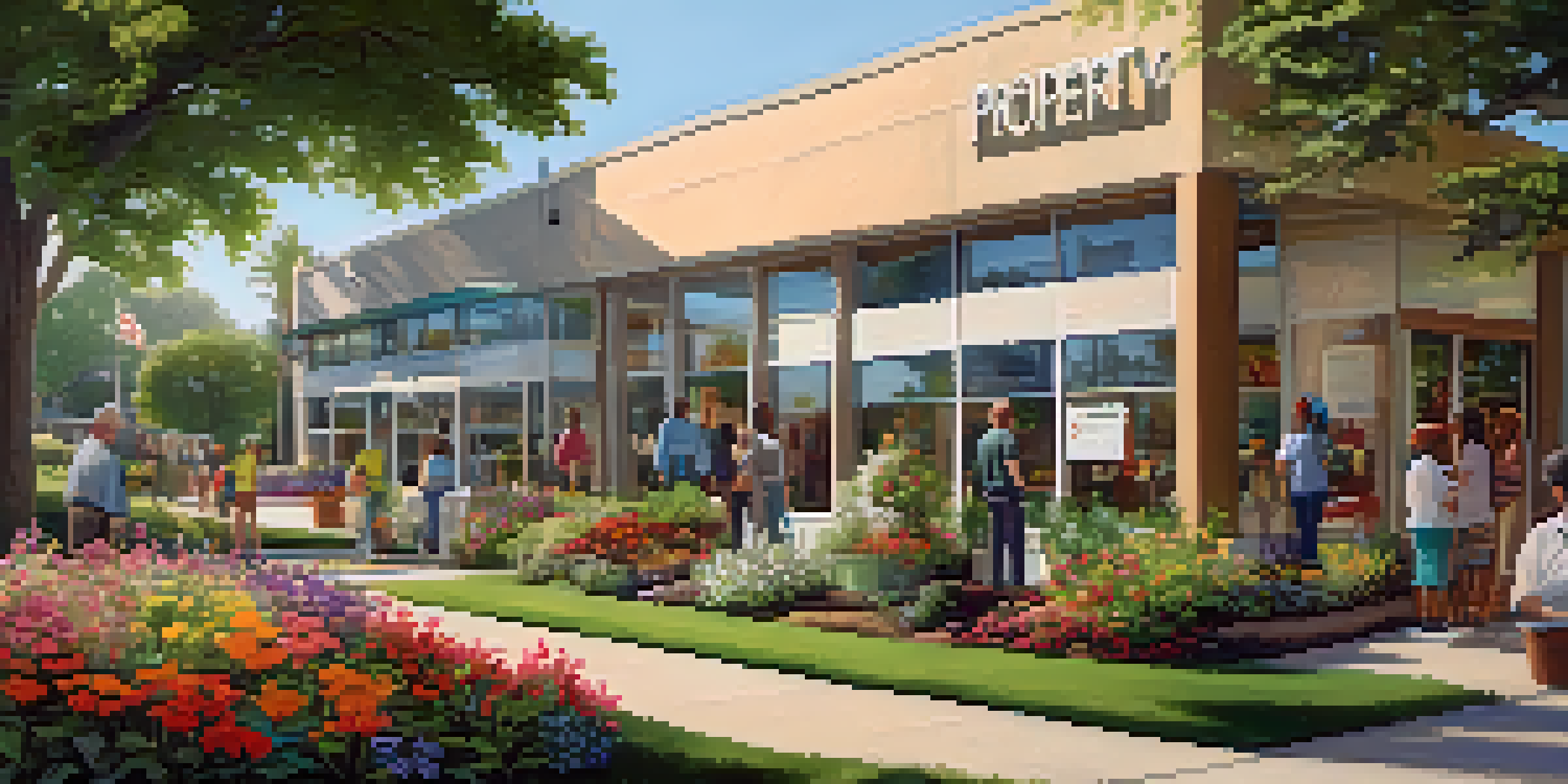A local government office with residents discussing property tax assessments outside, surrounded by flowers and greenery.