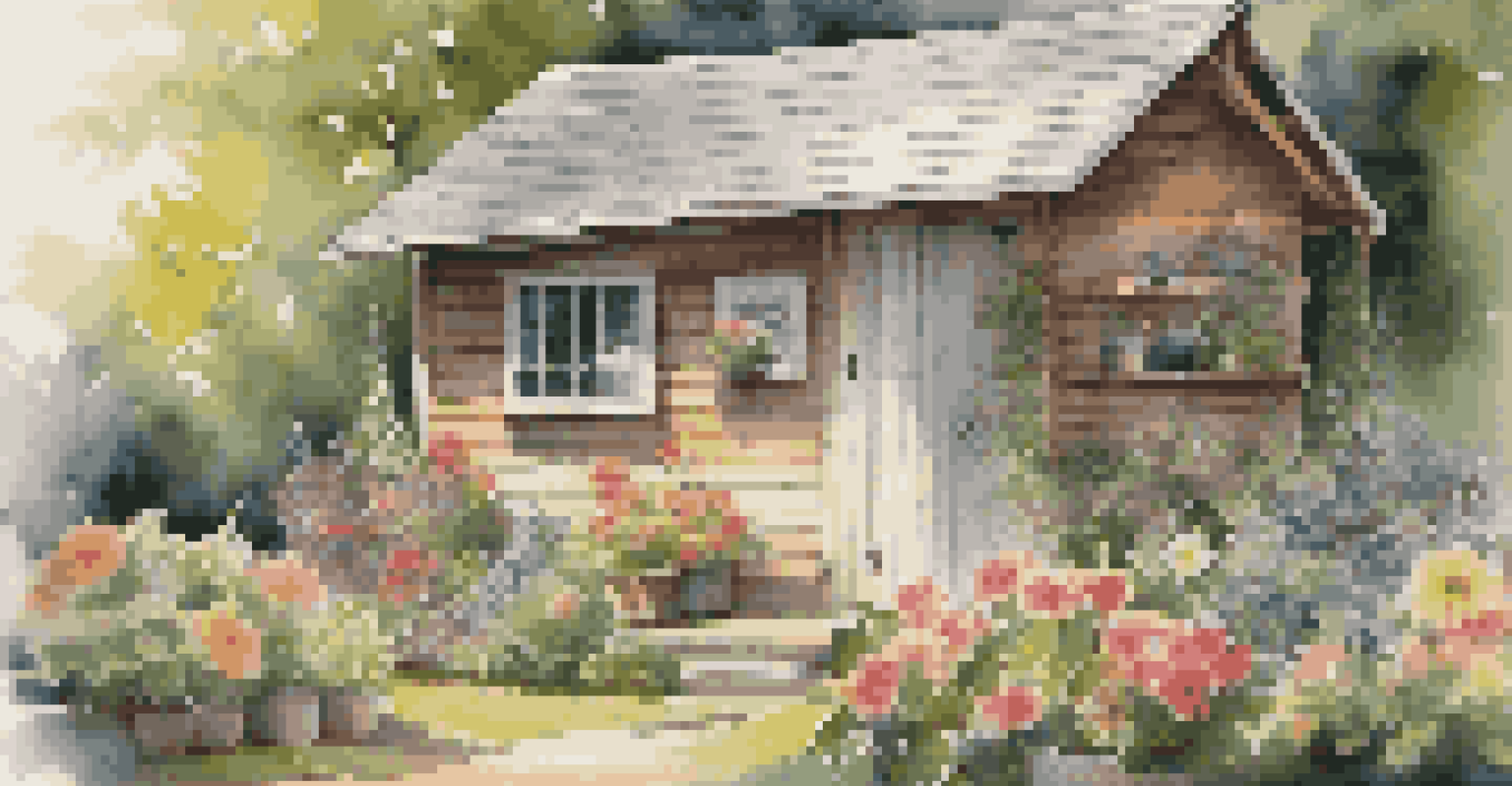 A rustic outdoor storage shed filled with gardening tools, surrounded by blooming flowers and greenery under soft sunlight.