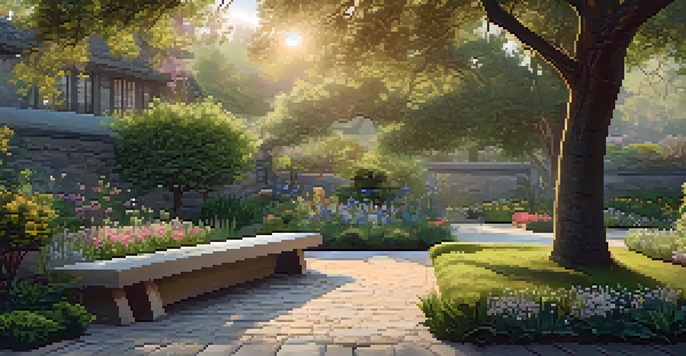 A beautiful garden with flowering plants, a stone path, and a bench under a tree during golden hour.