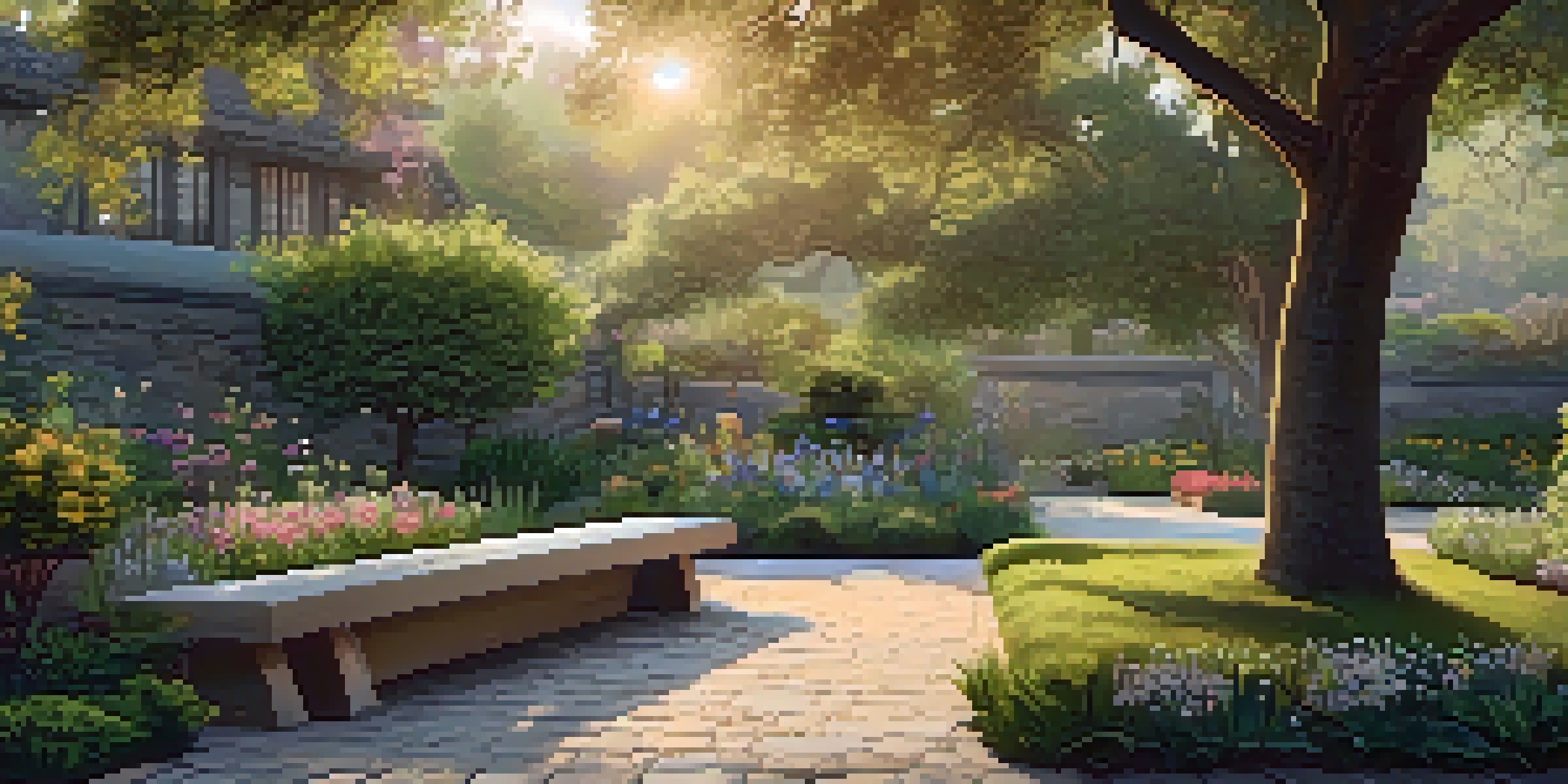 A beautiful garden with flowering plants, a stone path, and a bench under a tree during golden hour.