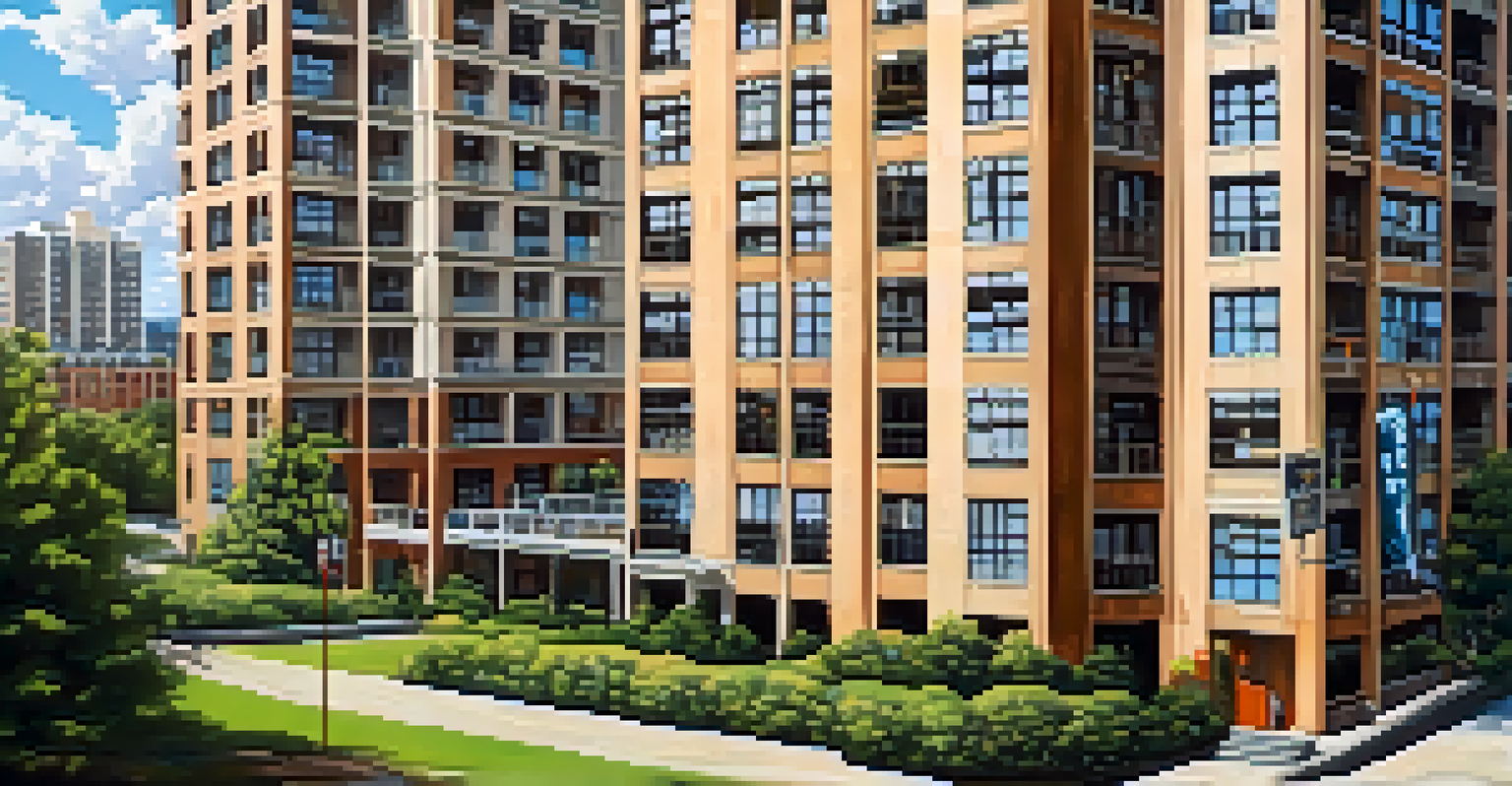 A high-rise apartment complex with a 'For Sale' sign in front and people enjoying a nearby park under a clear blue sky.
