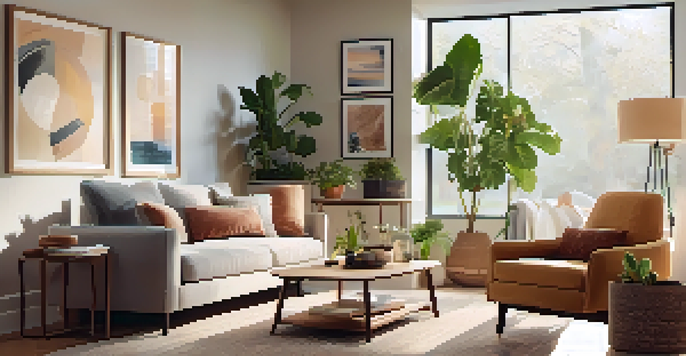 A cozy living room with a smart thermostat on the wall, bright sunlight, and comfortable furniture.