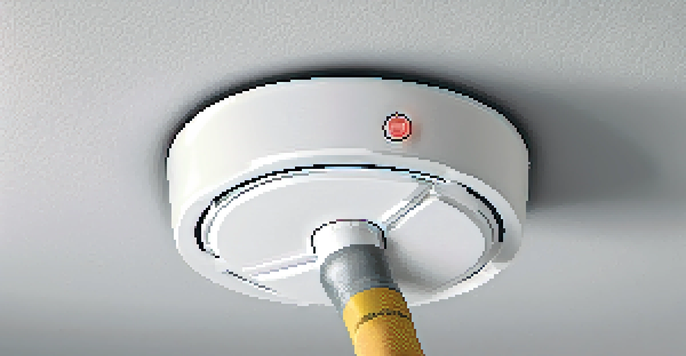 A hand pressing the test button on a smoke detector mounted on a ceiling, symbolizing home safety.