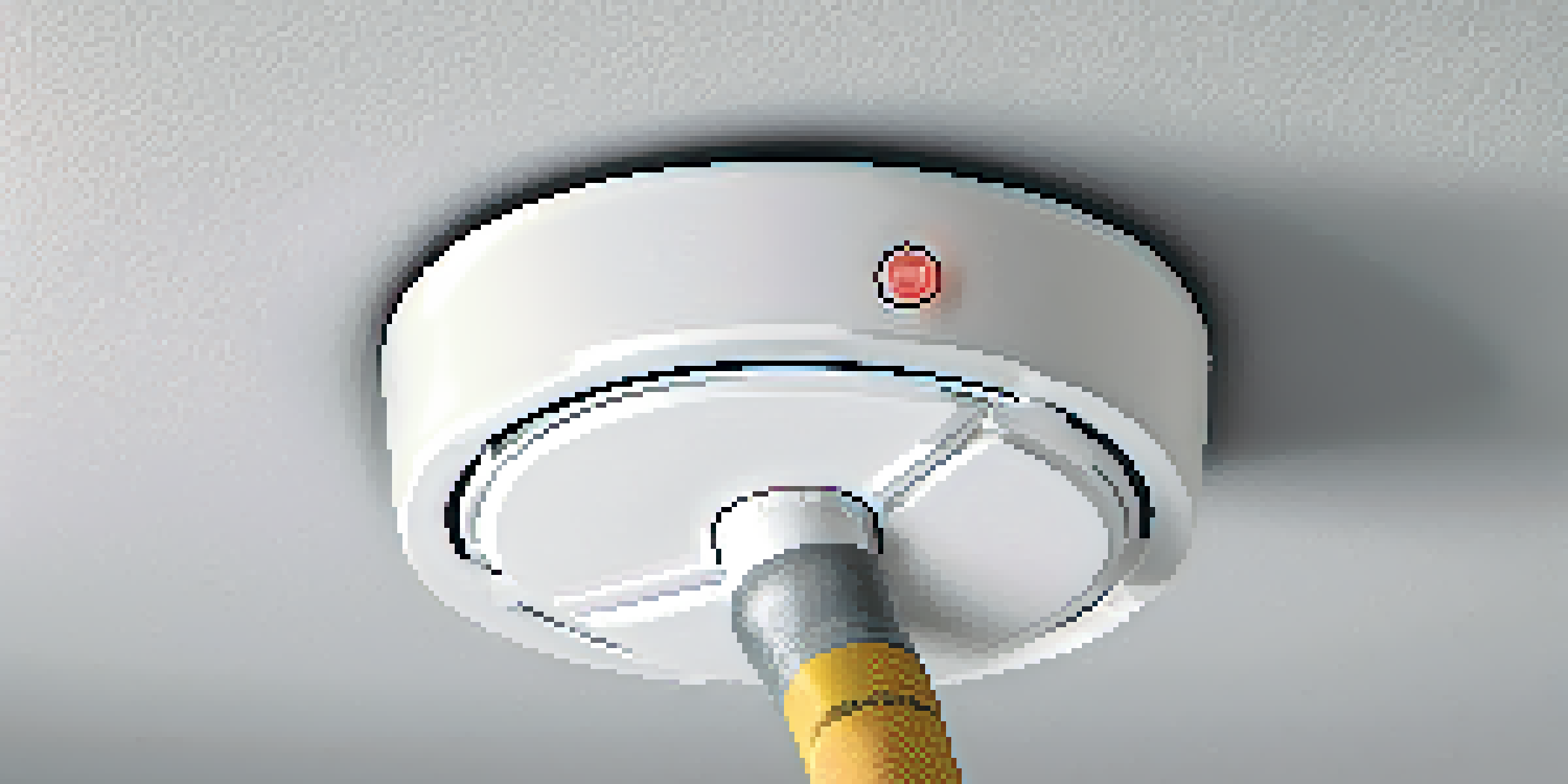 A hand pressing the test button on a smoke detector mounted on a ceiling, symbolizing home safety.