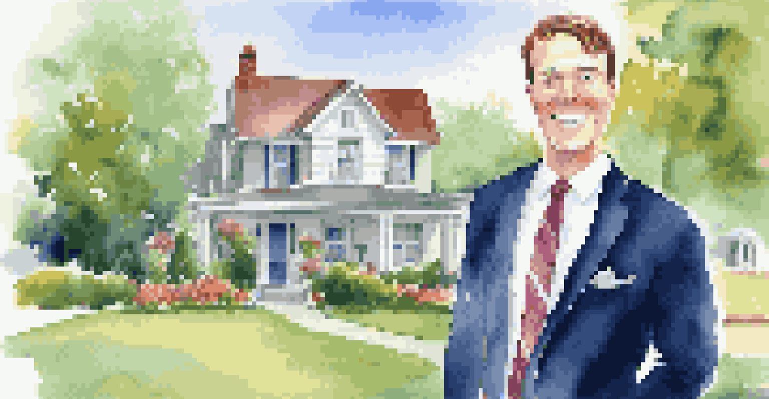 A real estate agent in professional attire standing outside a house for sale, holding a sign, with a vibrant garden in the foreground.
