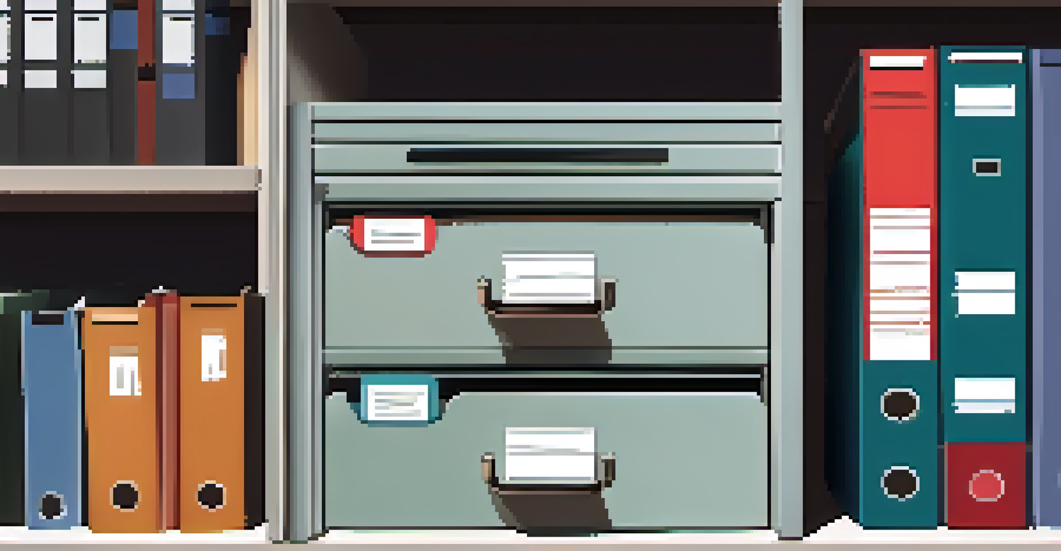 An organized file cabinet with labeled folders, a calculator, and a coffee cup in a modern office setting.