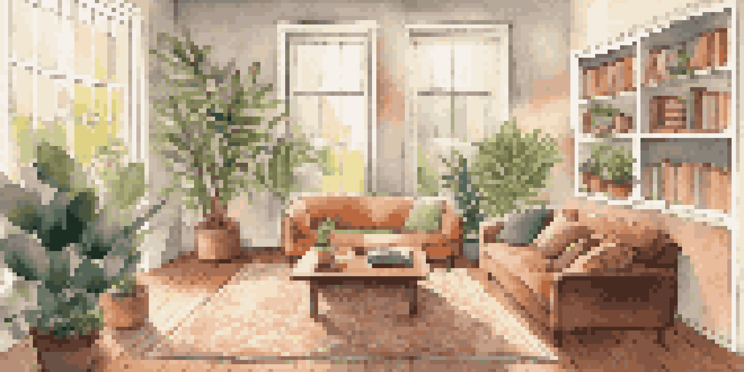 A bright and cozy living room with a sofa, coffee table, and plants, illuminated by natural light from large windows.