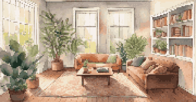 A bright and cozy living room with a sofa, coffee table, and plants, illuminated by natural light from large windows.