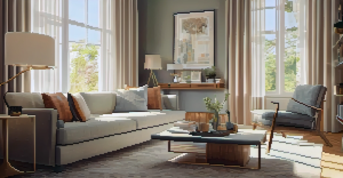 A cozy small living room with warm lighting, a floor lamp, and sheer curtains that let in natural light, creating an inviting atmosphere.