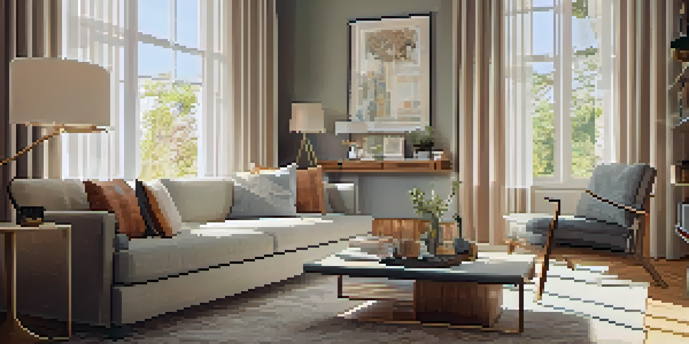 A cozy small living room with warm lighting, a floor lamp, and sheer curtains that let in natural light, creating an inviting atmosphere.