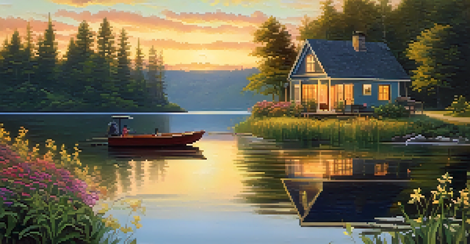 A peaceful lakeside scene featuring a cottage, trees, and a beautiful sunset reflecting on the water.