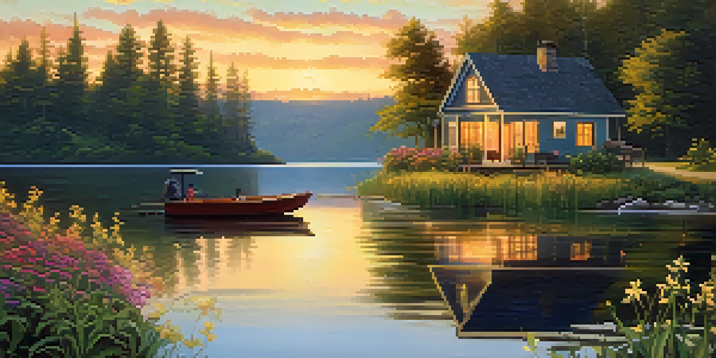 A peaceful lakeside scene featuring a cottage, trees, and a beautiful sunset reflecting on the water.