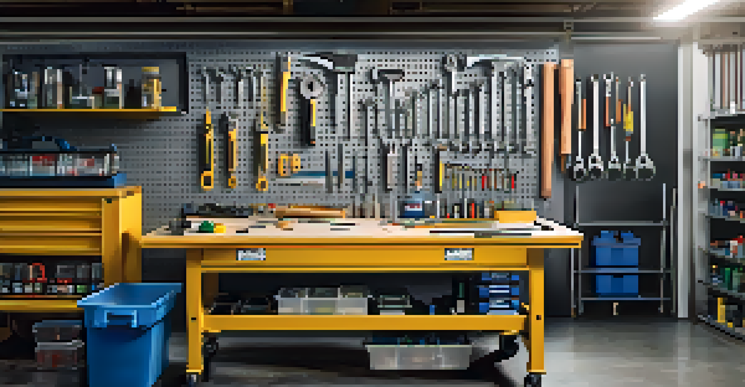 A close-up of an organized workbench in a garage with tools in containers and a magnetic strip for metal tools.
