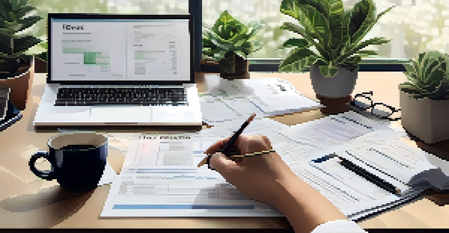 Close-up of a tax advisor's hands organizing tax documents on a table filled with paperwork and a laptop.