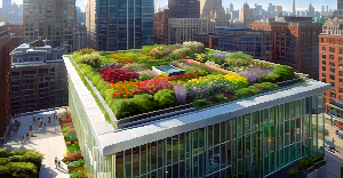 A green roof garden with various plants and flowers on top of a modern building, overlooking a city skyline.