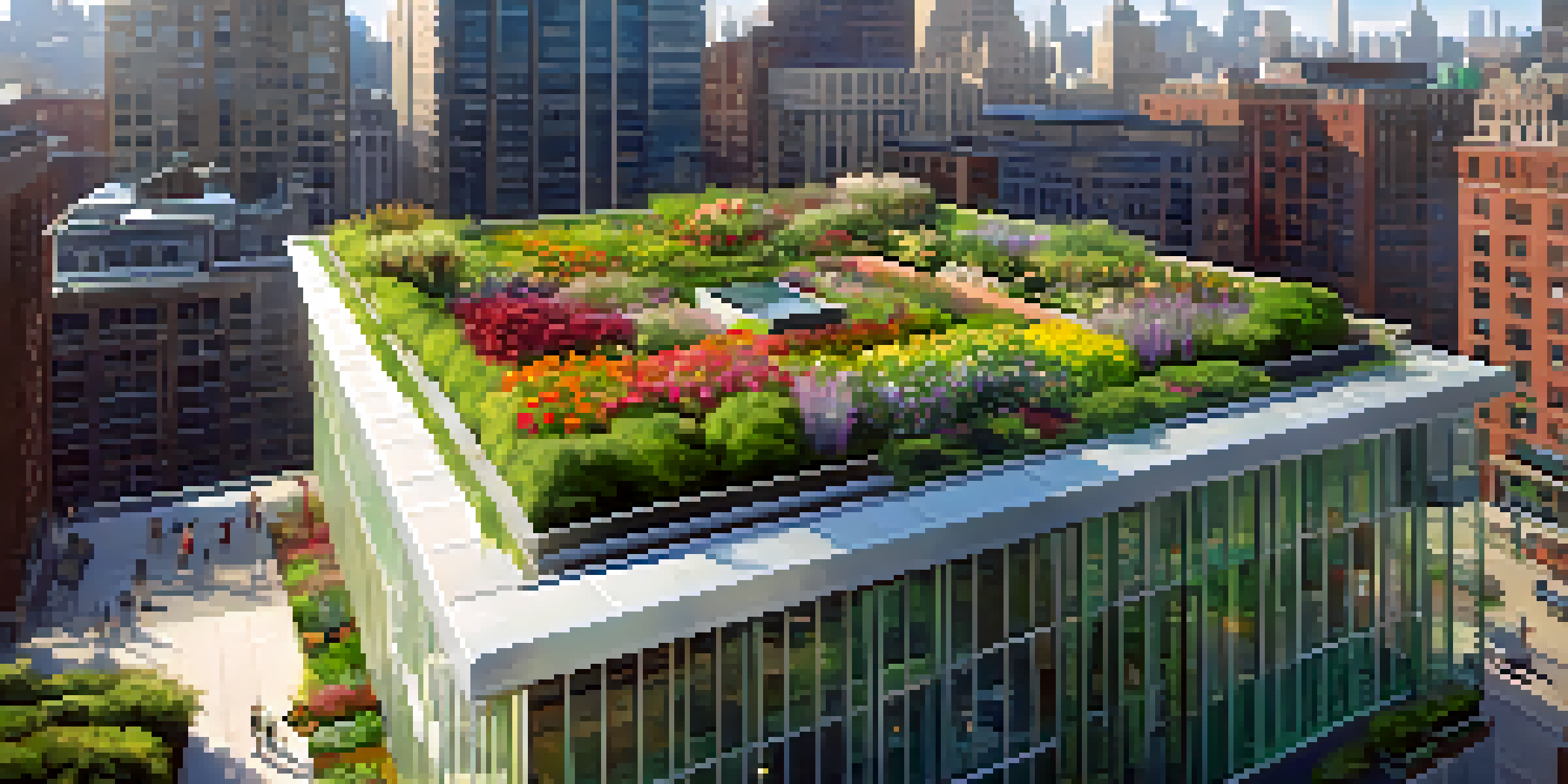 A green roof garden with various plants and flowers on top of a modern building, overlooking a city skyline.