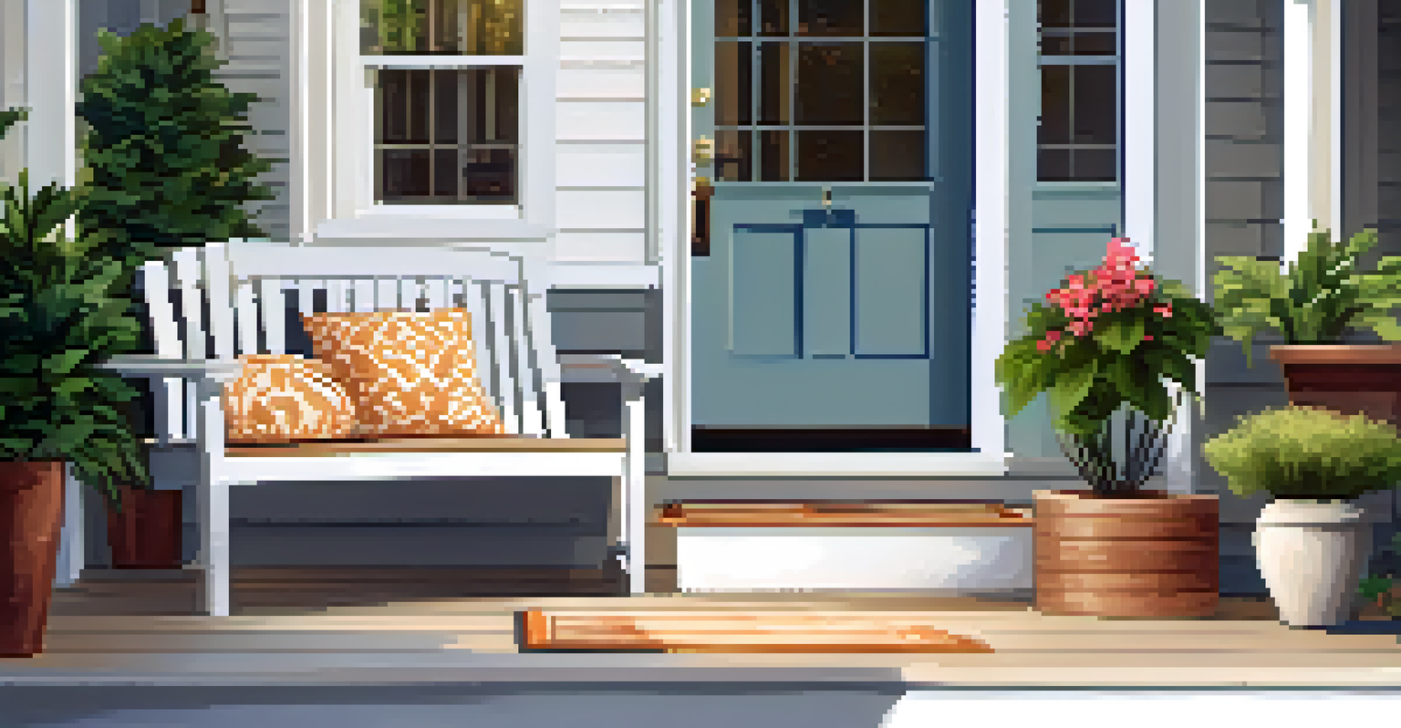 A welcoming front porch with potted plants and a cozy bench, ready for a home inspection.