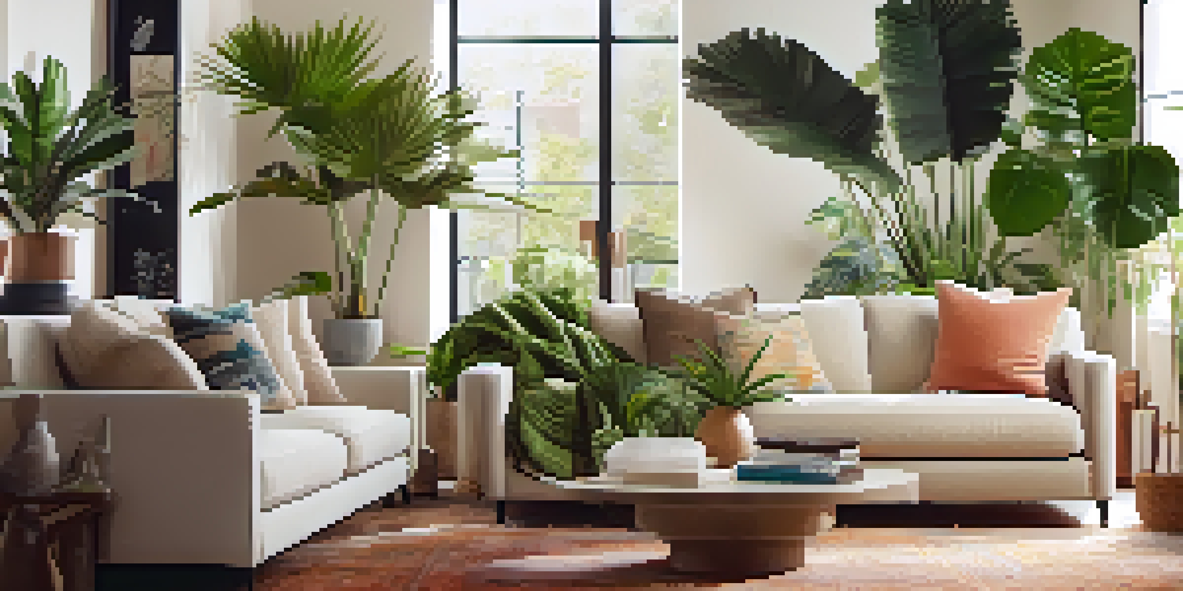 A warm and inviting living room with various houseplants, including a large palm, soft neutral walls, and a cozy sofa.