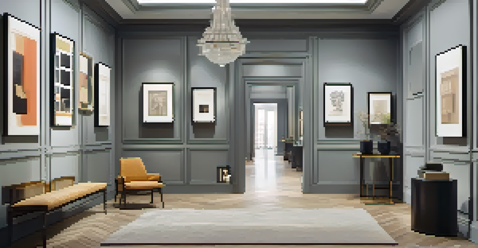 A gallery wall with staggered framed artworks and a large vertical mirror in a small hallway with a console table underneath.