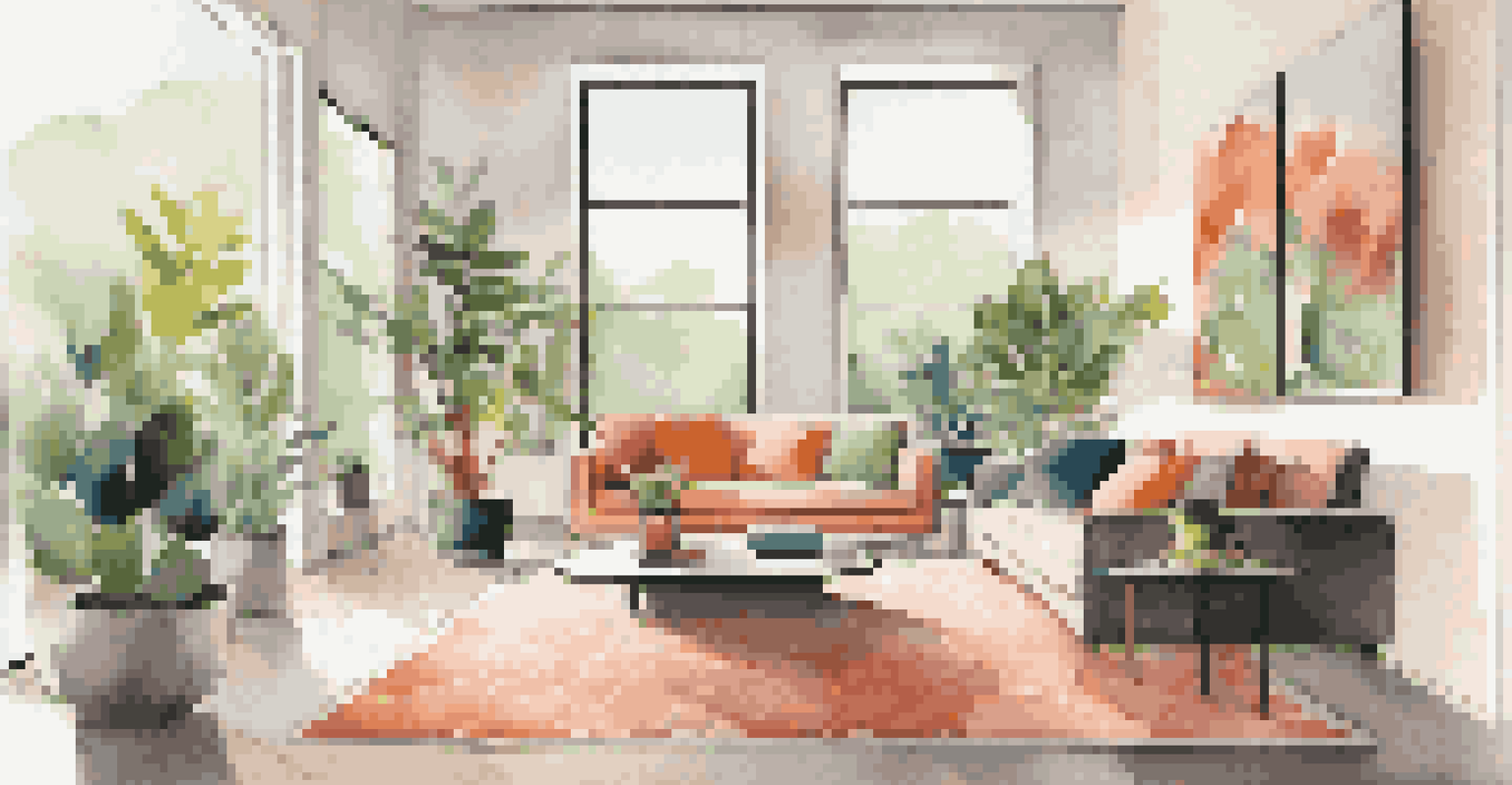 A modern living room with contemporary furniture and vibrant art pieces, illuminated by natural light from a large window.