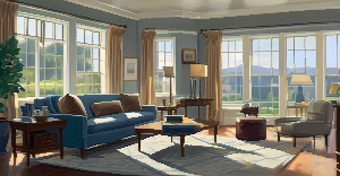 A professional inspector examining a living room ceiling for water stains, with modern furniture and natural light.