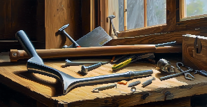A close-up view of a claw hammer on a wooden workbench, with scattered nails and a measuring tape, illuminated by soft natural light.