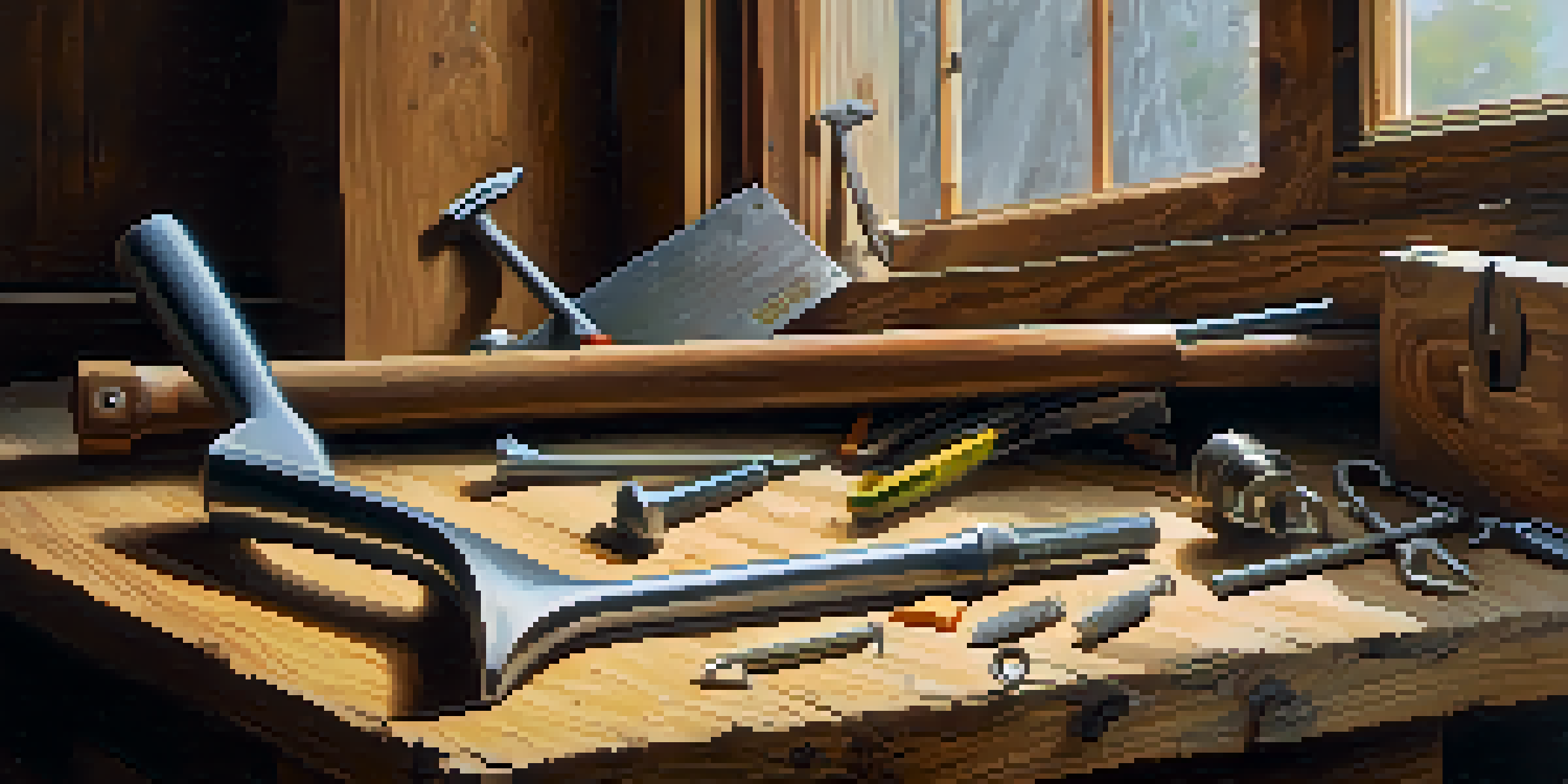 A close-up view of a claw hammer on a wooden workbench, with scattered nails and a measuring tape, illuminated by soft natural light.