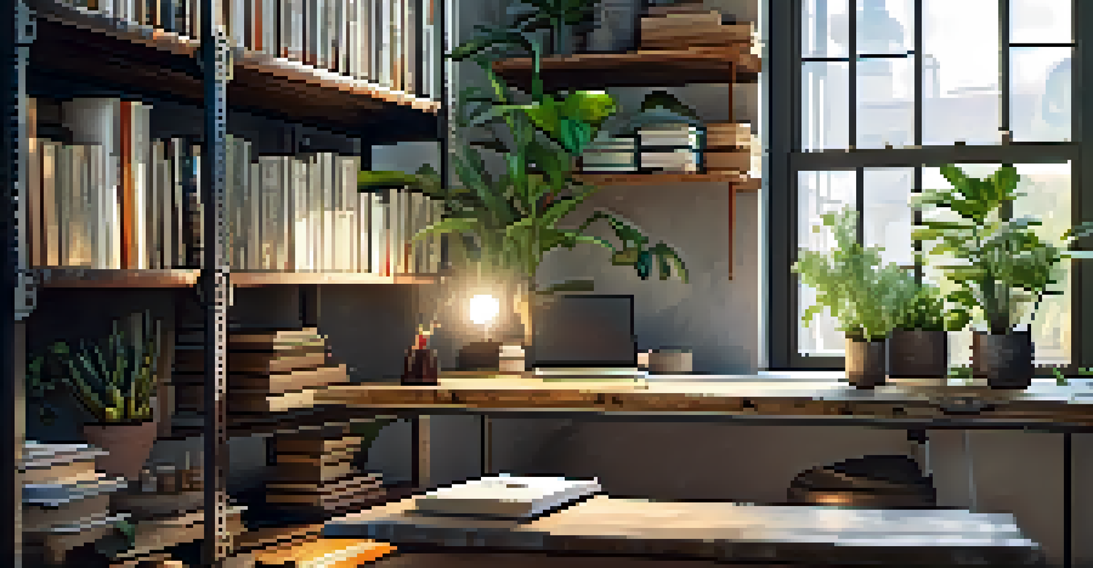 An artistic workspace with a reclaimed wood desk, vintage metal shelves, books, and plants, illuminated by soft sunlight.