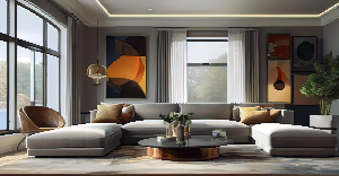A modern living room filled with natural light, featuring a sofa, artwork on walls, and a coffee table on an area rug.