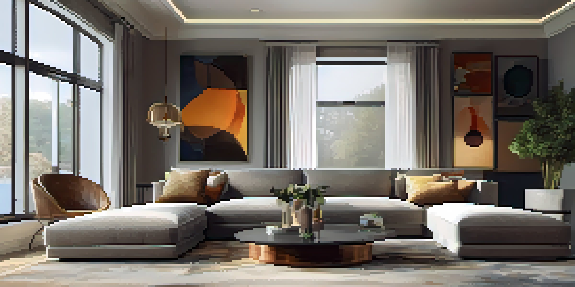 A modern living room filled with natural light, featuring a sofa, artwork on walls, and a coffee table on an area rug.