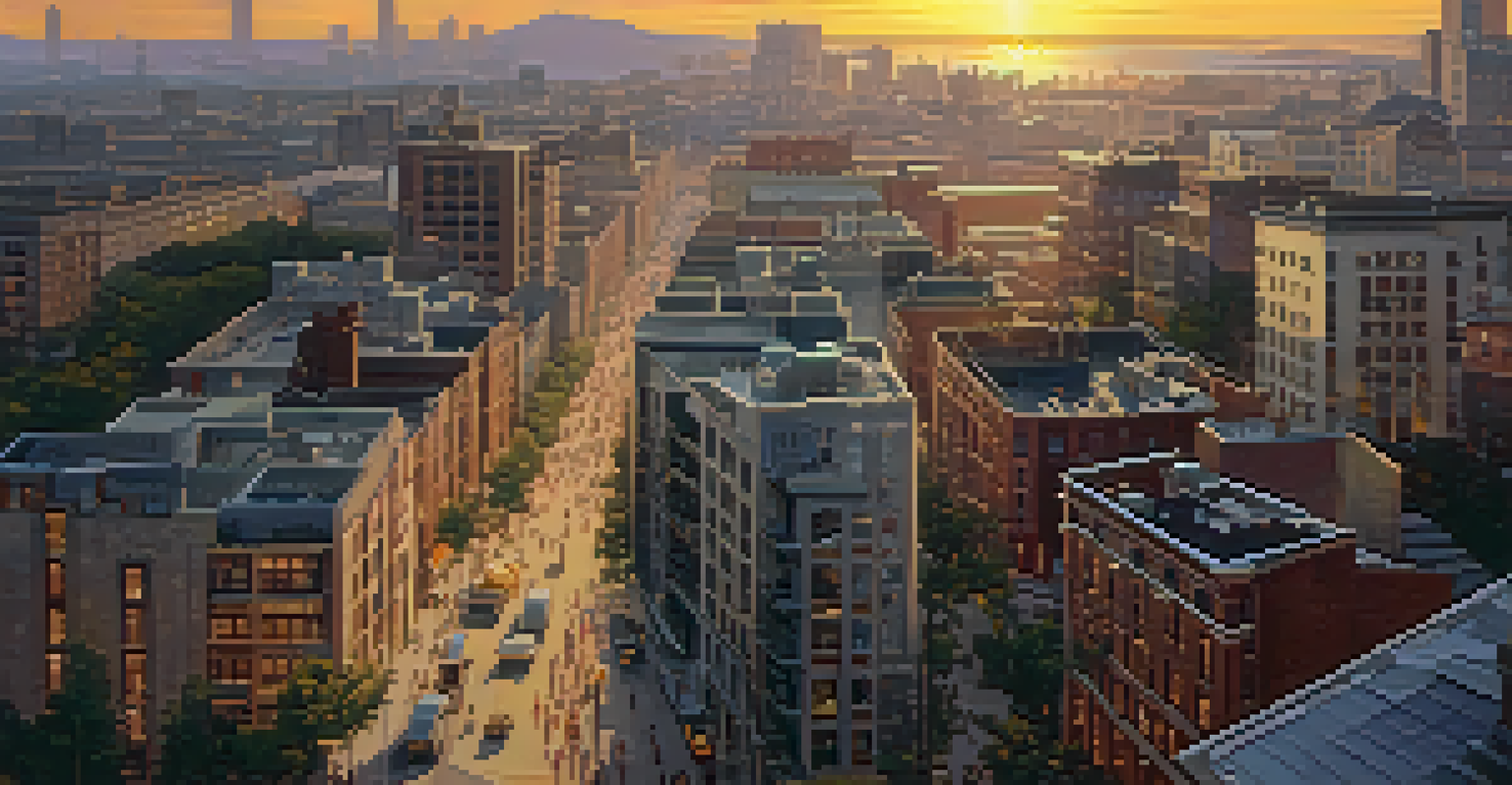 Aerial view of a busy city with residential and commercial buildings, a construction site, and a sunset sky.