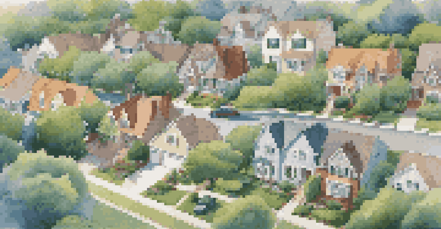 Aerial view of a suburban neighborhood with houses and gardens under a blue sky.
